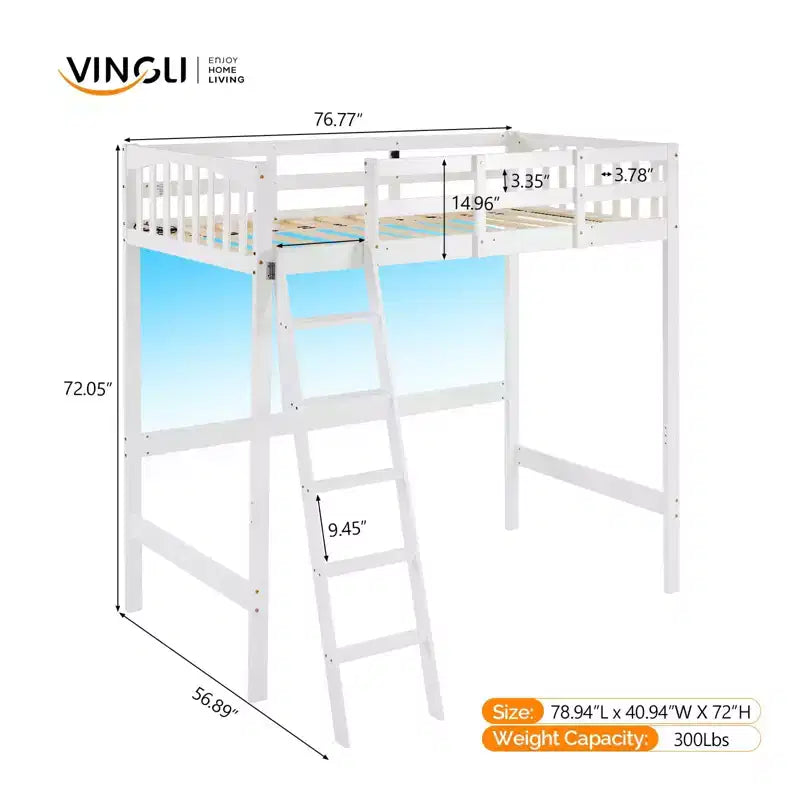 Letto a soppalco singolo VINGLI in legno con stazione di ricarica/LED, pioli piatti, sponda alta 15 pollici, supporto a doghe in legno senza bisogno di molle, Bianco