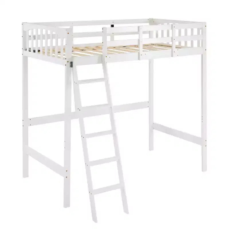 Letto a soppalco singolo VINGLI in legno con stazione di ricarica/LED, pioli piatti, sponda alta 15 pollici, supporto a doghe in legno senza bisogno di molle, Bianco