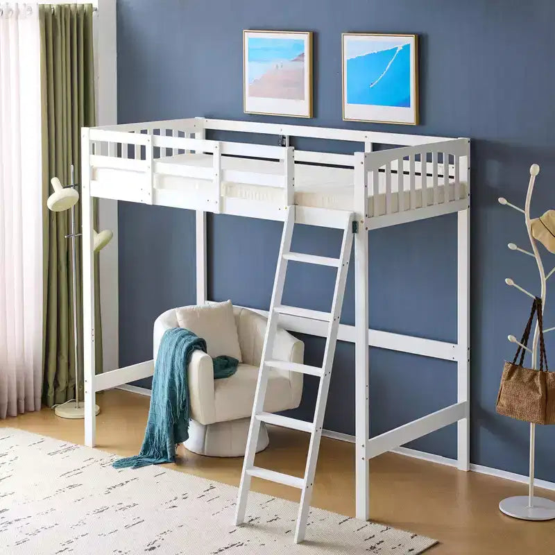 Letto a soppalco singolo VINGLI in legno con stazione di ricarica/LED, pioli piatti, sponda alta 15 pollici, supporto a doghe in legno senza bisogno di molle, Bianco