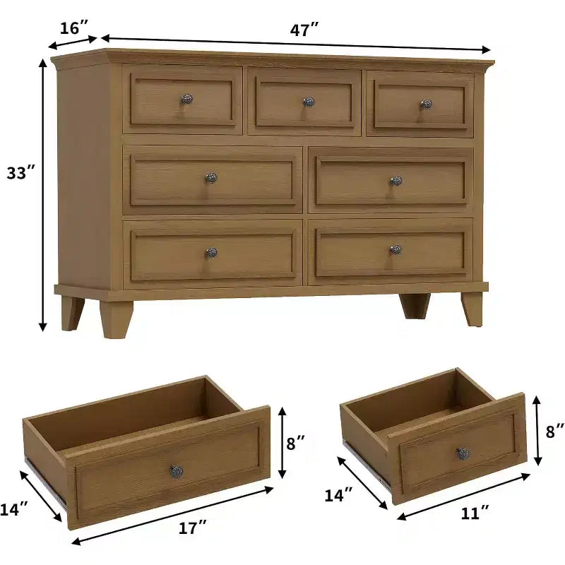 Cassettiera porta TV a 7 cassetti, mobile lungo moderno con maniglie vintage e ampio spazio contenitivo per soggiorno, camera da letto, corridoio
