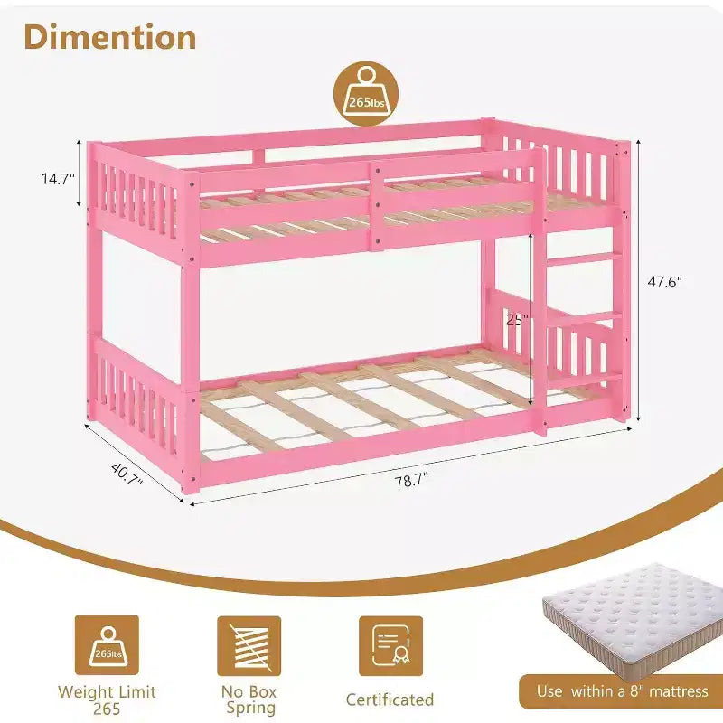 JOYMOR Letto a castello basso Twin Over Twin per bambini/ragazzi, struttura letto a castello Twin in legno con ringhiere di protezione e scaletta per bambini e bambine, materasso non incluso