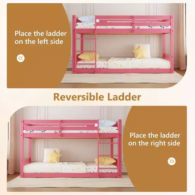 JOYMOR Letto a castello basso Twin Over Twin per bambini/ragazzi, struttura letto a castello Twin in legno con ringhiere di protezione e scaletta per bambini e bambine, materasso non incluso