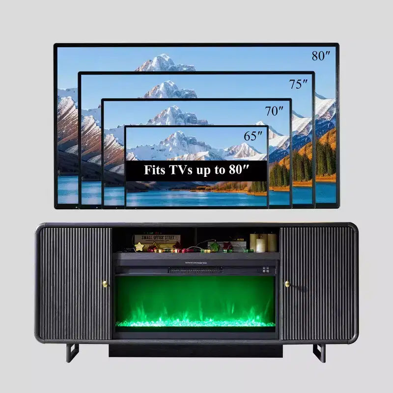 Mobile TV con camino fino a 80 pollici, mobile TV moderno con camino elettrico da 36 pollici e ripiani regolabili per soggiorno