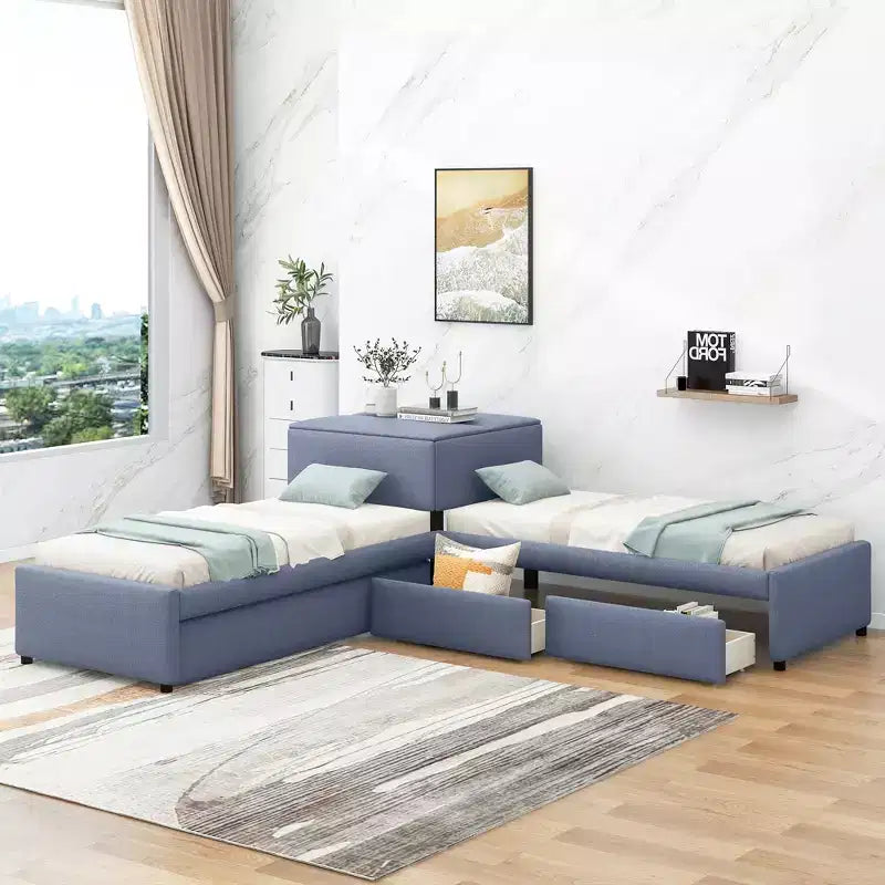 Letto a piattaforma a L una piazza e mezza, struttura letto in legno con letto estraibile e 2 cassetti e tavolino incorporato per camera da letto, grigio