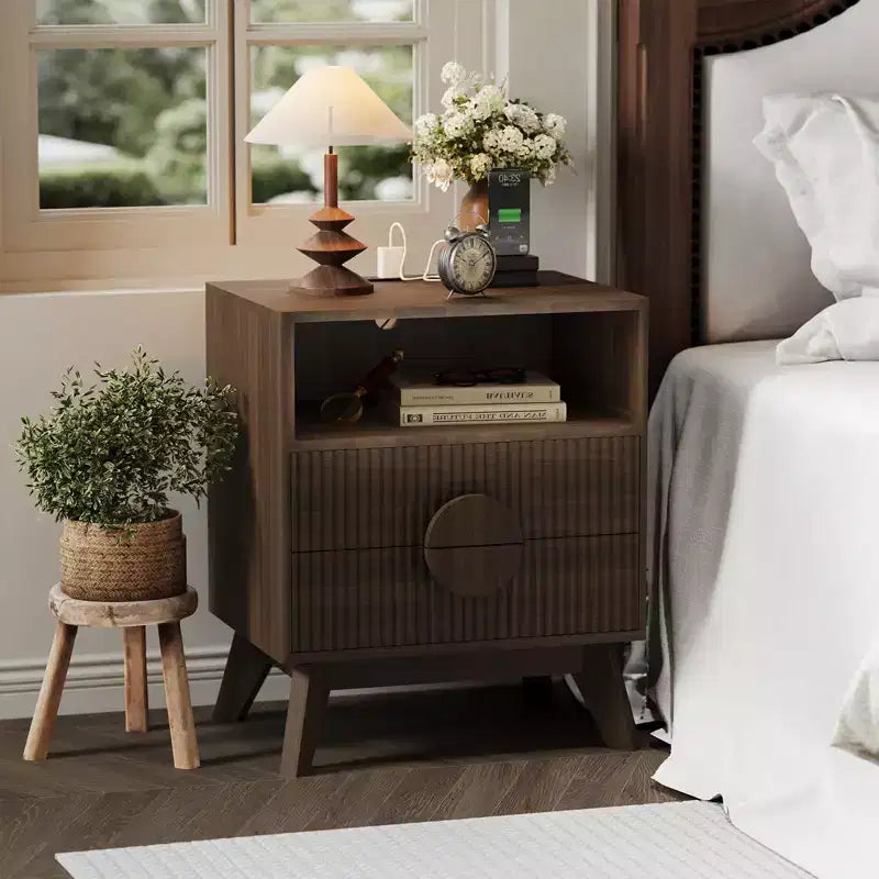 1/2 pz Comodino Moderno, Tavolino Laterale Incassato con 2 Cassetti e Ripiani Aperti, Comodino in Legno, Tavolino da Divano per Soggiorno Camera da Letto Divano