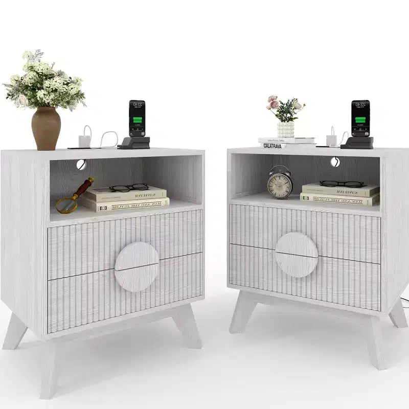 1/2 pz Comodino Moderno, Tavolino Laterale Incassato con 2 Cassetti e Ripiani Aperti, Comodino in Legno, Tavolino da Divano per Soggiorno Camera da Letto Divano
