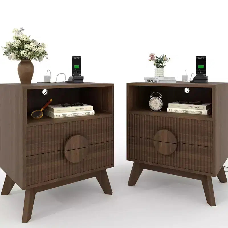 1/2 pz Comodino Moderno, Tavolino Laterale Incassato con 2 Cassetti e Ripiani Aperti, Comodino in Legno, Tavolino da Divano per Soggiorno Camera da Letto Divano