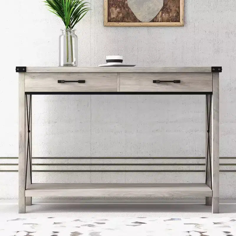 Tavolo Consolle Rustico a 2 Ripiani con Cassetti per Ingresso/Soggiorno, MDF e Gambe in Legno