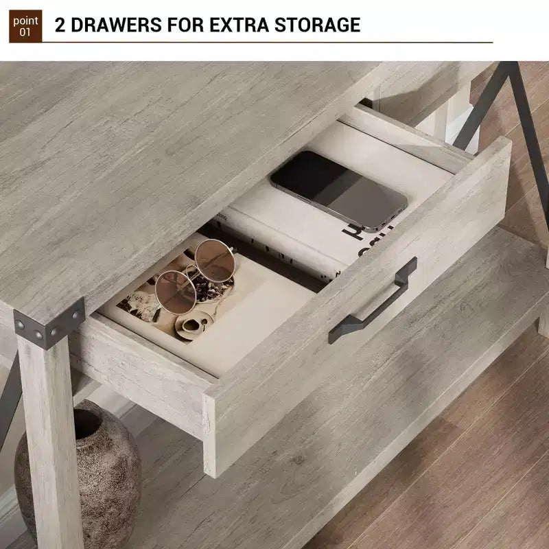 Tavolo Consolle Rustico a 2 Ripiani con Cassetti per Ingresso/Soggiorno, MDF e Gambe in Legno