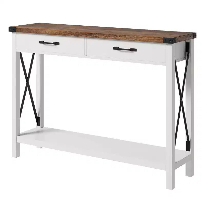 Tavolo Consolle Rustico a 2 Ripiani con Cassetti per Ingresso/Soggiorno, MDF e Gambe in Legno