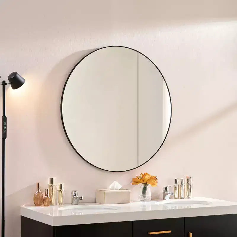 Okak Specchio rotondo moderno da 36 pollici con cornice sottile in alluminio, specchio da parete per bagno, specchio da trucco per bagno, soggiorno, nero