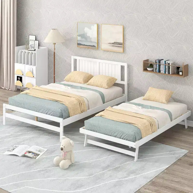 Letto a Piattaforma Matrimoniale con Letto Estraibile Singolo Regolabile, Struttura del Letto Matrimoniale in Legno con Testiera per Camera da Letto
