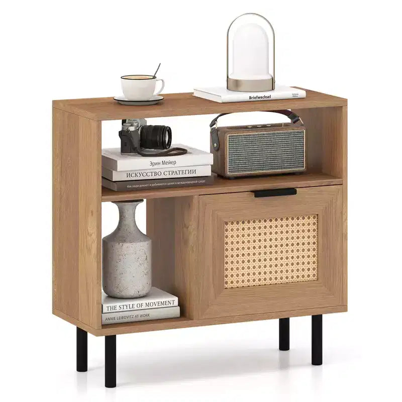 Costway Boho Rattan Nightstand Wooden End Table with Storage Shelf Cabinet & Metal Legs