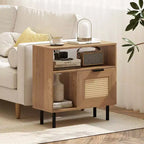 Costway Comodino Bohemien in Rattan, Tavolino con Ripiano Contenitore e Gambe in Metallo