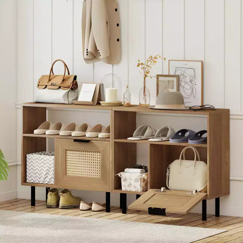 Costway Comodino Bohemien in Rattan, Tavolino con Ripiano Contenitore e Gambe in Metallo