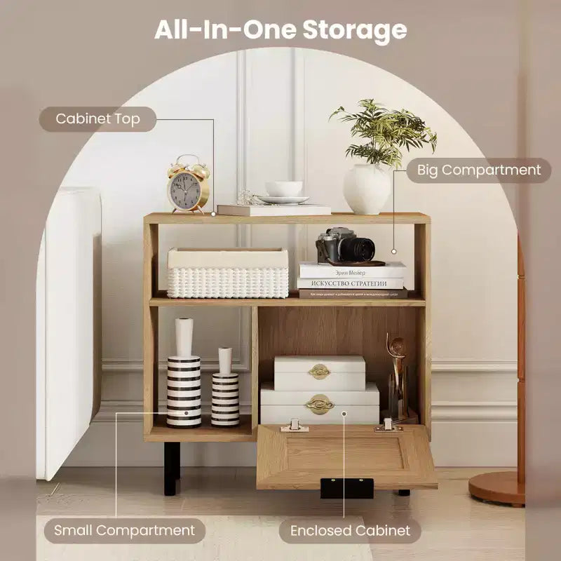 Costway Comodino Bohemien in Rattan, Tavolino con Ripiano Contenitore e Gambe in Metallo