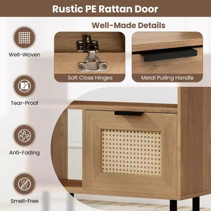 Costway Comodino Bohemien in Rattan, Tavolino con Ripiano Contenitore e Gambe in Metallo