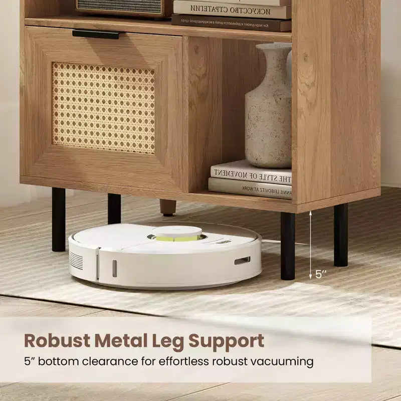 Costway Comodino Bohemien in Rattan, Tavolino con Ripiano Contenitore e Gambe in Metallo