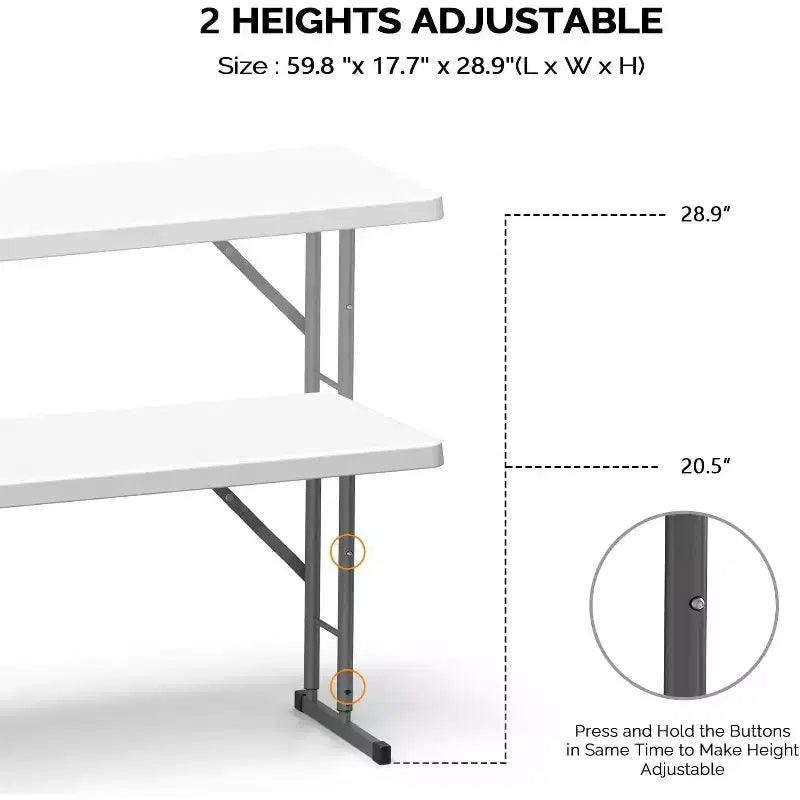 VINGLI Tavolo Pieghevole Stretto da 4 FT, Materiale HDPE di Alta Qualità e Robusto Telaio in Metallo, Perfetto per Feste, Lavoro da Casa, Bianco