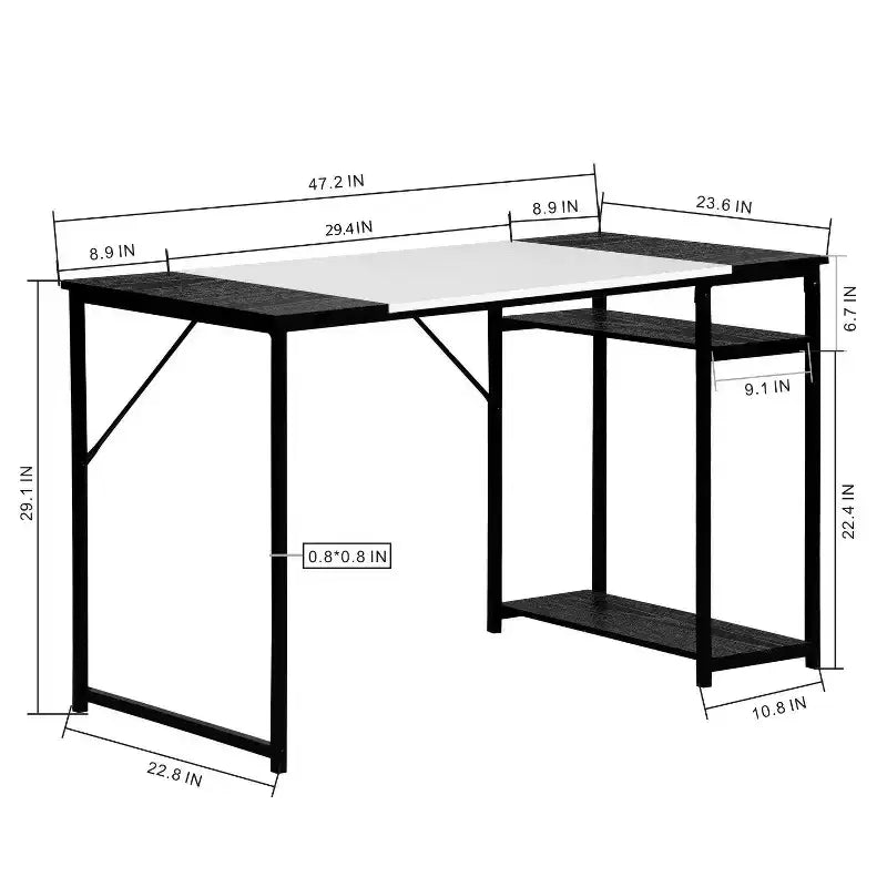 FurnitureR Scrivania per Studio da 120 cm con Ripiani Contenitori, Scrivania per Computer con Struttura in Metallo, Tavolo da Lavoro Salvaspazio per Ufficio Domestico, Nero/Bianco