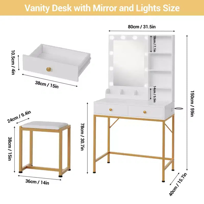 COZONY Set Toeletta con Specchio, 3 Modalità di Illuminazione, 2 Cassetti, Stazione di Ricarica e Sgabello per Camera da Letto/Spogliatoio