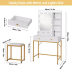 COZONY Set Toeletta con Specchio, 3 Modalità di Illuminazione, 2 Cassetti, Stazione di Ricarica e Sgabello per Camera da Letto/Spogliatoio