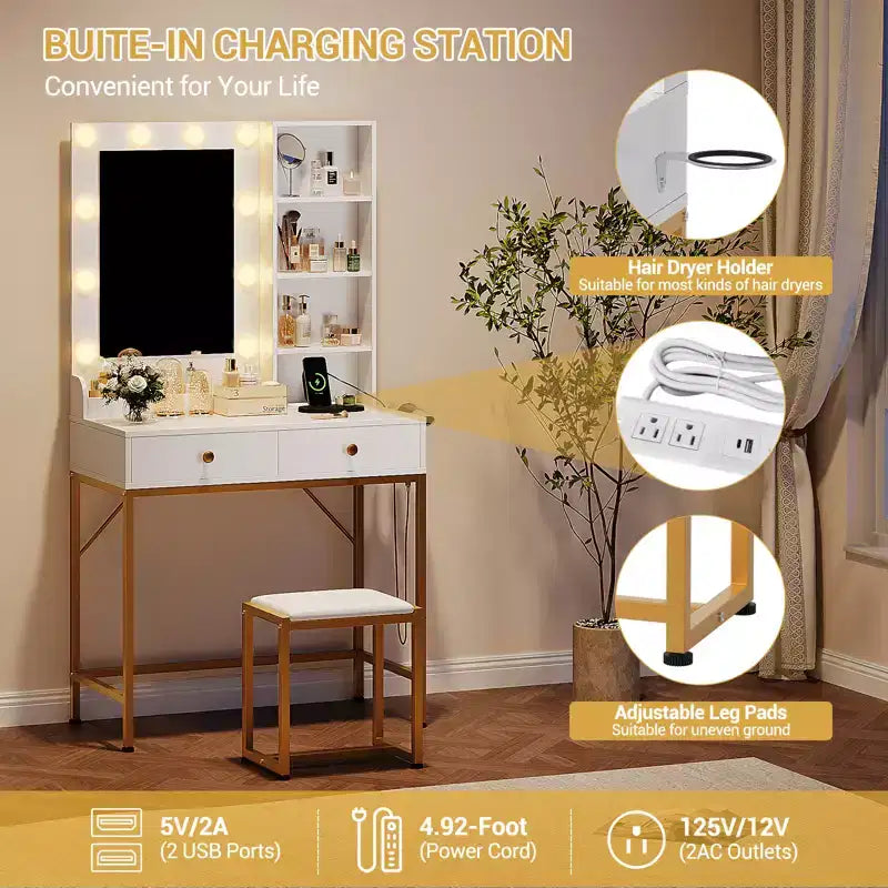 COZONY Set Toeletta con Specchio, 3 Modalità di Illuminazione, 2 Cassetti, Stazione di Ricarica e Sgabello per Camera da Letto/Spogliatoio