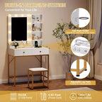 COZONY Set Toeletta con Specchio, 3 Modalità di Illuminazione, 2 Cassetti, Stazione di Ricarica e Sgabello per Camera da Letto/Spogliatoio
