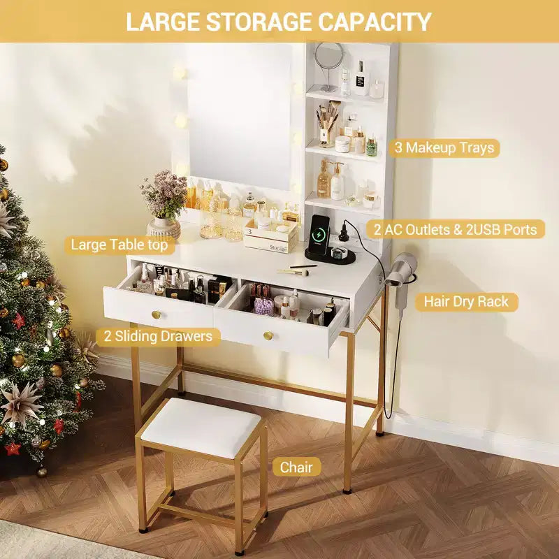 COZONY Set Toeletta con Specchio, 3 Modalità di Illuminazione, 2 Cassetti, Stazione di Ricarica e Sgabello per Camera da Letto/Spogliatoio