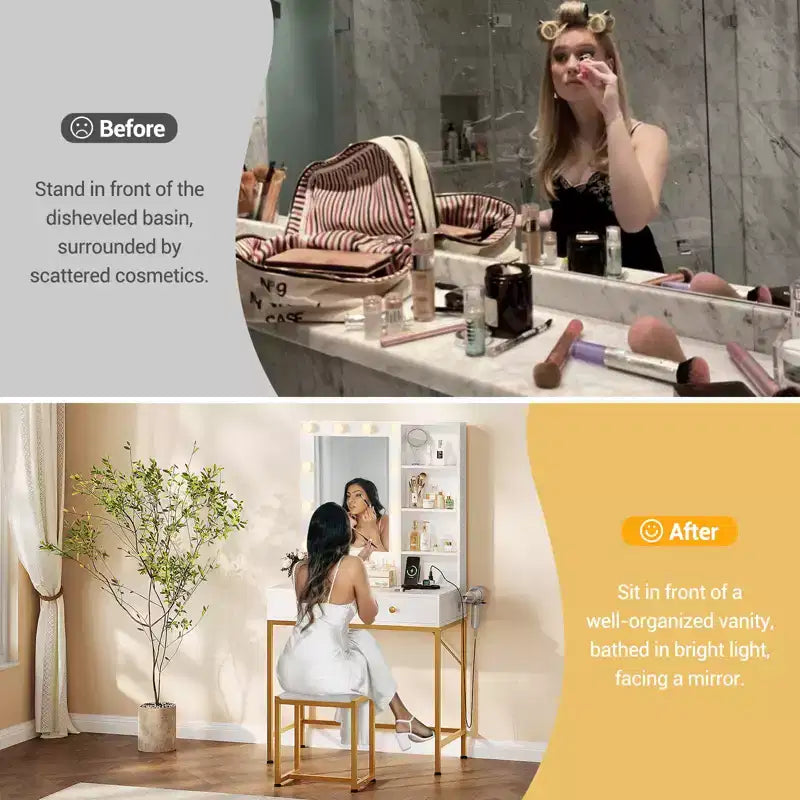 COZONY Set Toeletta con Specchio, 3 Modalità di Illuminazione, 2 Cassetti, Stazione di Ricarica e Sgabello per Camera da Letto/Spogliatoio