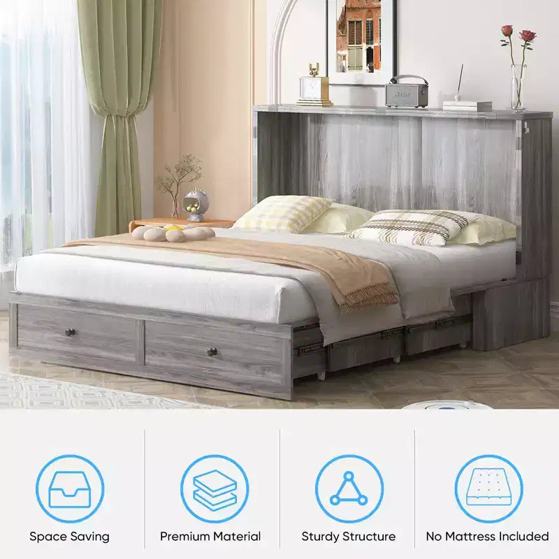 Mjkone Letto a Scomparsa Moderno per Piazza Francese/Matrimoniale con Cassettiera, SENZA MATERASSO, GRIGIO