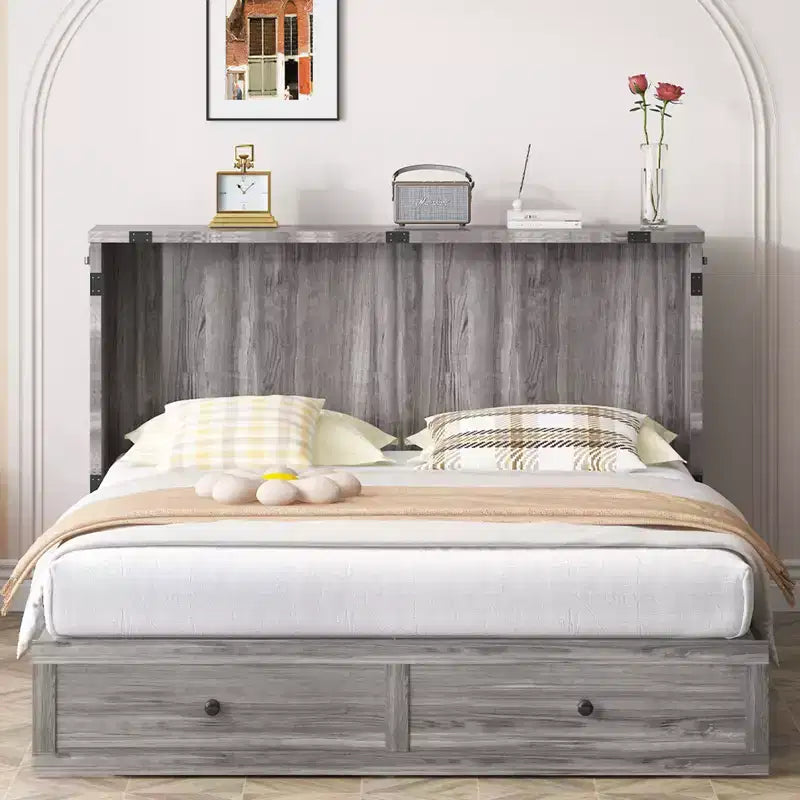 Mjkone Letto a Scomparsa Moderno per Piazza Francese/Matrimoniale con Cassettiera, SENZA MATERASSO, GRIGIO