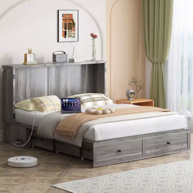 Mjkone Letto a Scomparsa Moderno per Piazza Francese/Matrimoniale con Cassettiera, SENZA MATERASSO, GRIGIO