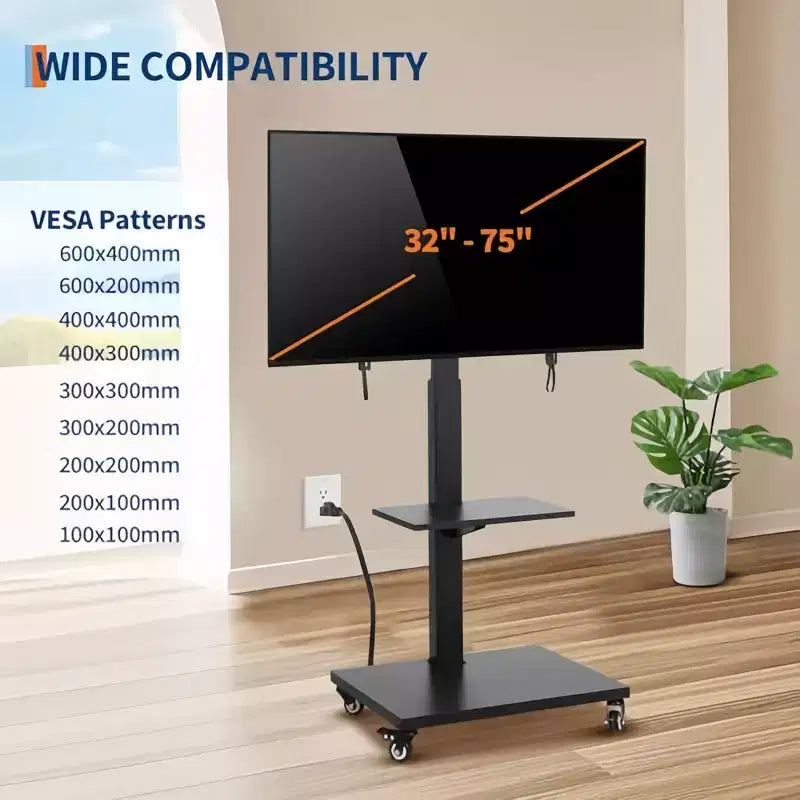 Carrello TV mobile GustoWave, supporto su ruote regolabile in altezza con rotelle bloccabili per TV da 32-75 pollici, base girevole/inclinabile e ripiano aperto
