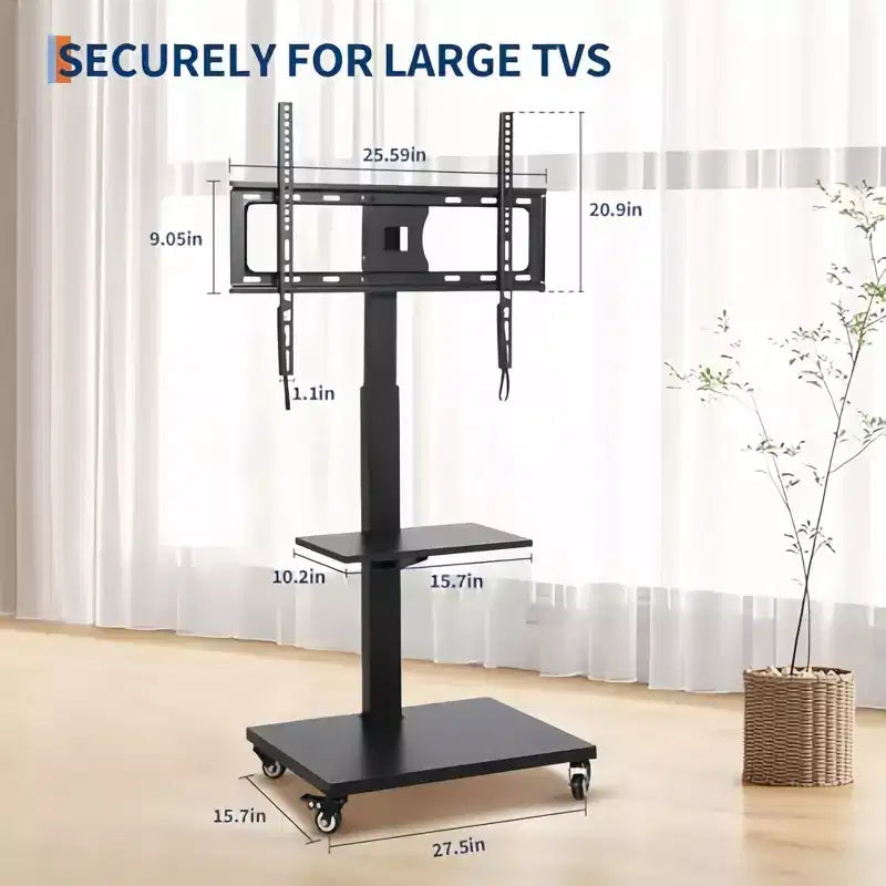Carrello TV mobile GustoWave, supporto su ruote regolabile in altezza con rotelle bloccabili per TV da 32-75 pollici, base girevole/inclinabile e ripiano aperto