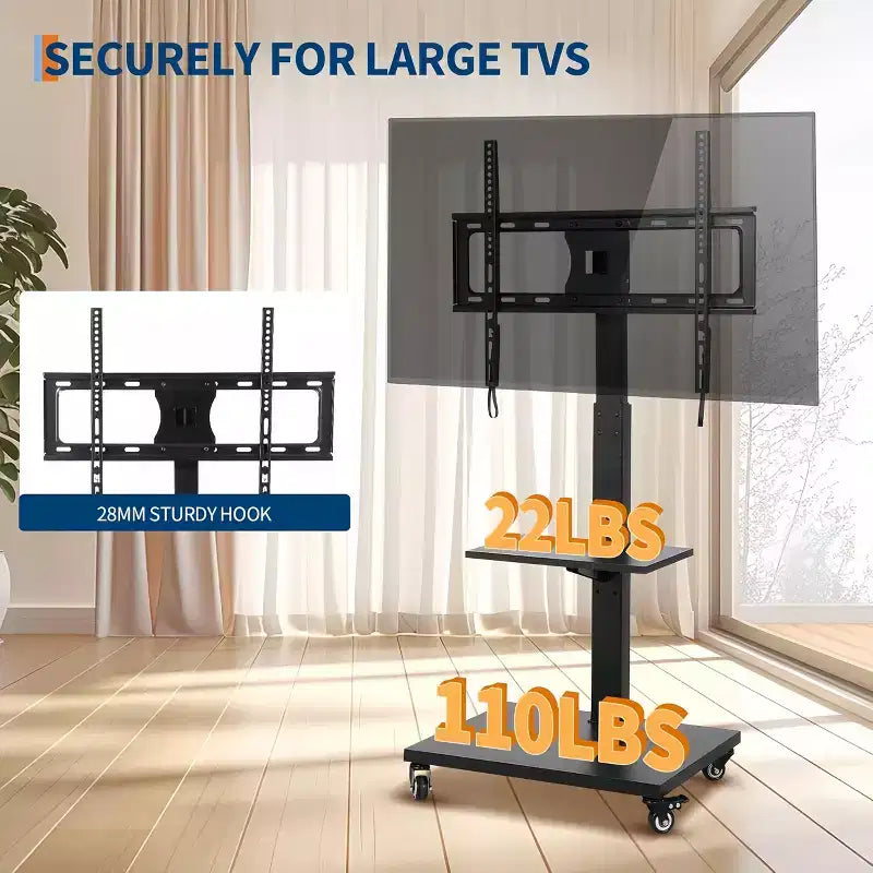 Carrello TV mobile GustoWave, supporto su ruote regolabile in altezza con rotelle bloccabili per TV da 32-75 pollici, base girevole/inclinabile e ripiano aperto