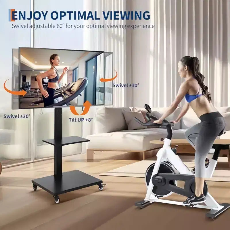 Carrello TV mobile GustoWave, supporto su ruote regolabile in altezza con rotelle bloccabili per TV da 32-75 pollici, base girevole/inclinabile e ripiano aperto