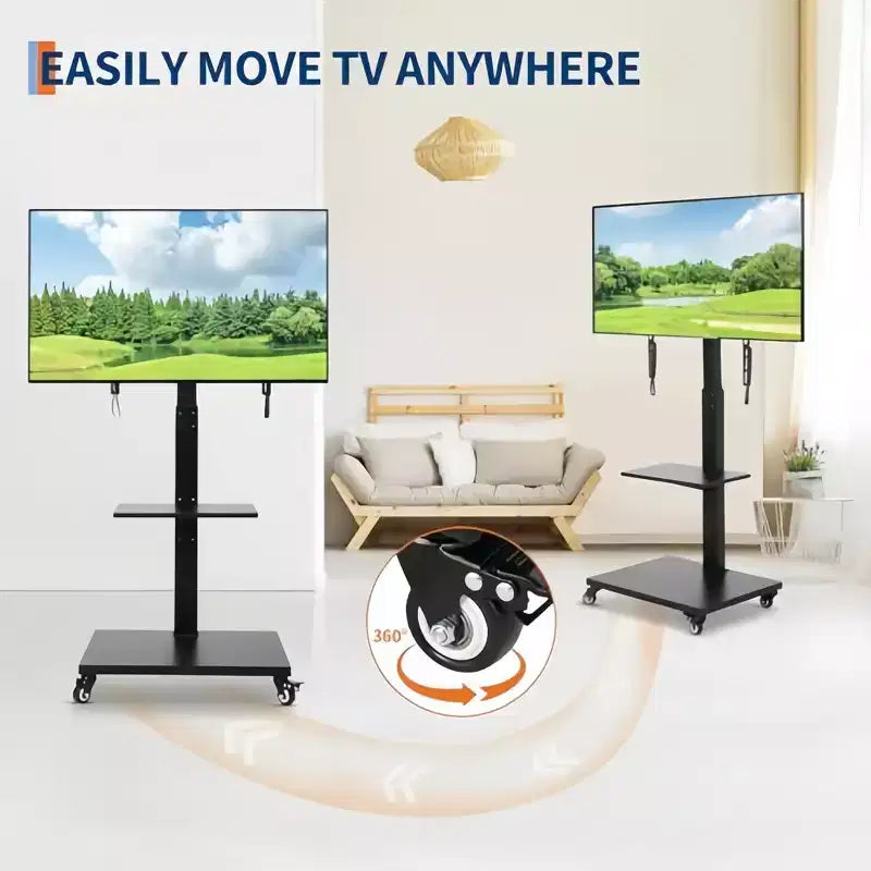 Carrello TV mobile GustoWave, supporto su ruote regolabile in altezza con rotelle bloccabili per TV da 32-75 pollici, base girevole/inclinabile e ripiano aperto