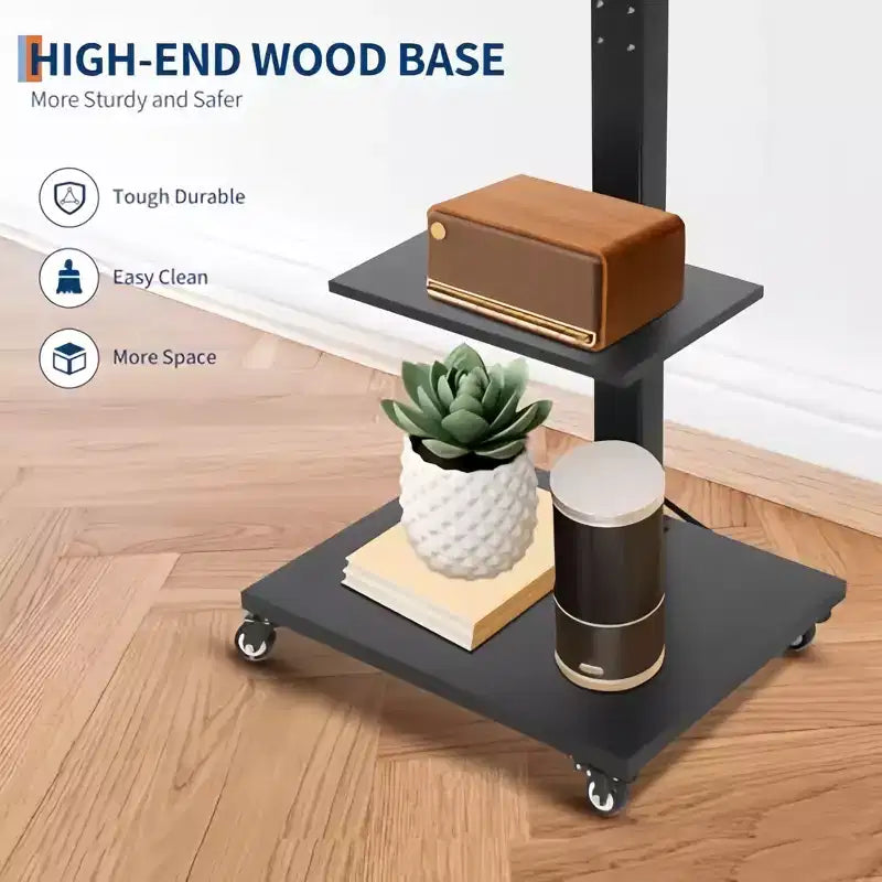 Carrello TV mobile GustoWave, supporto su ruote regolabile in altezza con rotelle bloccabili per TV da 32-75 pollici, base girevole/inclinabile e ripiano aperto