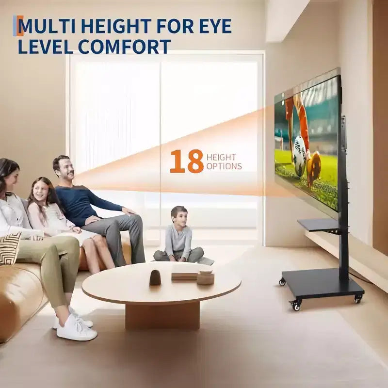 Carrello TV mobile GustoWave, supporto su ruote regolabile in altezza con rotelle bloccabili per TV da 32-75 pollici, base girevole/inclinabile e ripiano aperto