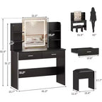 Acekool Toeletta con Specchio Illuminato, Sgabello, Presa Elettrica, 6 Ripiani, 2 Grandi Cassetti, LED Regolabile a 3 Colori, Postazione Trucco per Camera da Letto, Nero