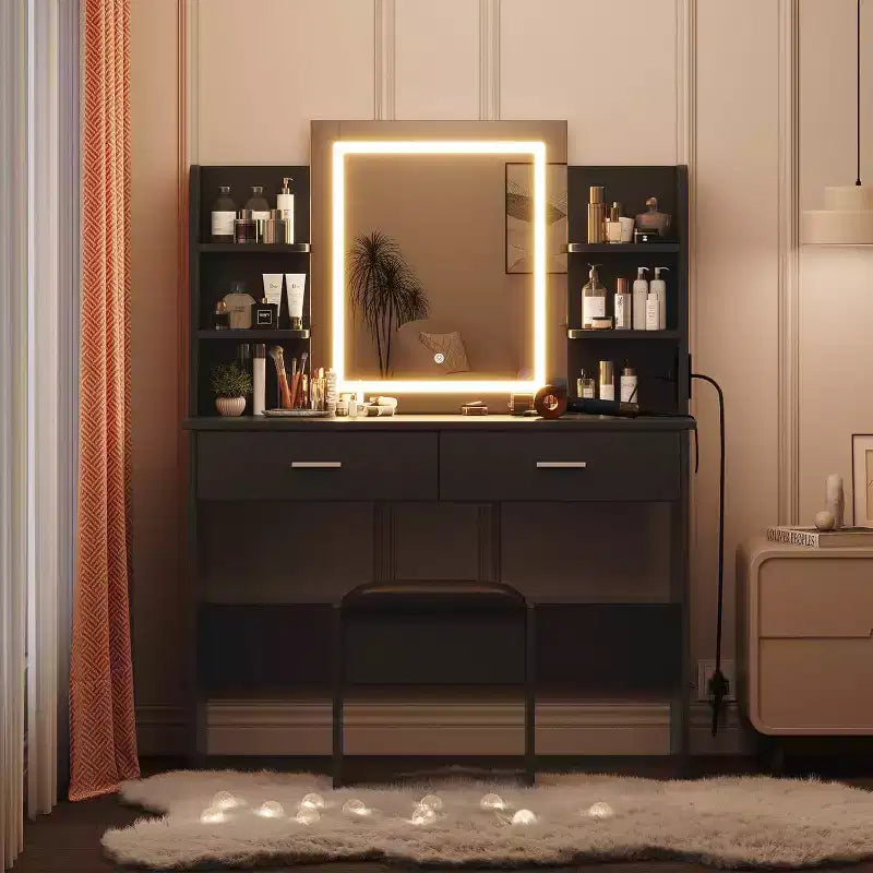 Acekool Toeletta con Specchio Illuminato, Sgabello, Presa Elettrica, 6 Ripiani, 2 Grandi Cassetti, LED Regolabile a 3 Colori, Postazione Trucco per Camera da Letto, Nero