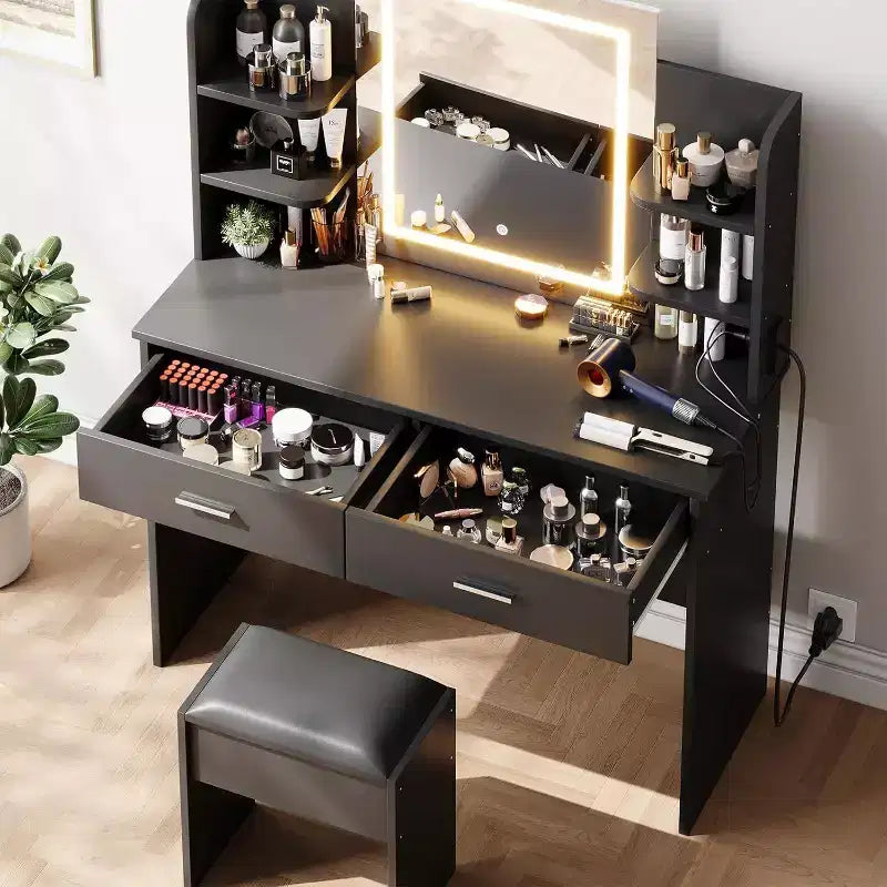 Acekool Toeletta con Specchio Illuminato, Sgabello, Presa Elettrica, 6 Ripiani, 2 Grandi Cassetti, LED Regolabile a 3 Colori, Postazione Trucco per Camera da Letto, Nero