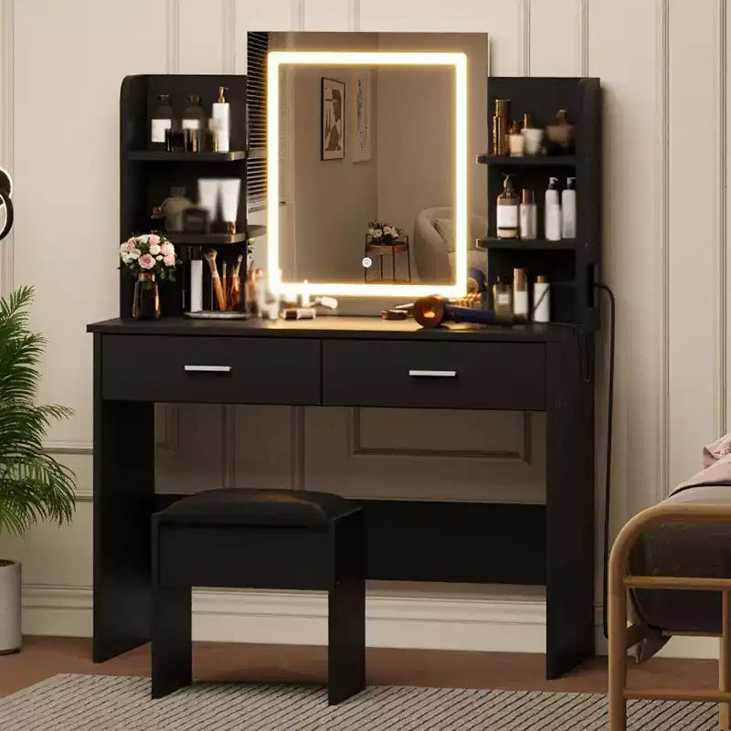 Acekool Toeletta con Specchio Illuminato, Sgabello, Presa Elettrica, 6 Ripiani, 2 Grandi Cassetti, LED Regolabile a 3 Colori, Postazione Trucco per Camera da Letto, Nero