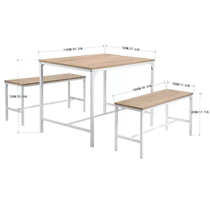 Set tavolo da pranzo FurnitureR 3 pezzi, tavolo da cucina da 110 cm con 2 panche da pranzo per 4 persone, pannello in MDF, tavolo da pranzo per casa, ristorante, faggio bianco