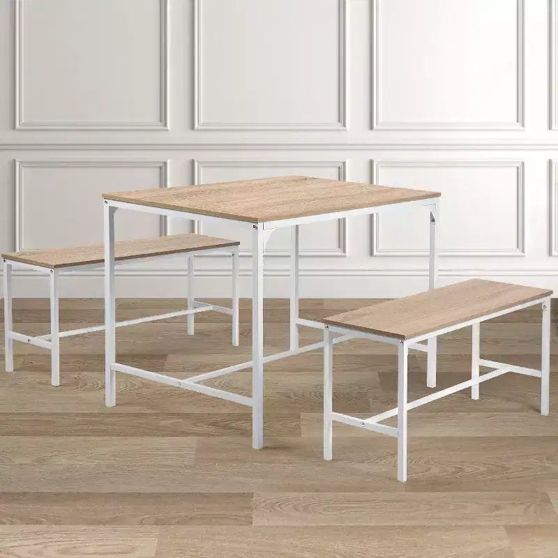 Set tavolo da pranzo FurnitureR 3 pezzi, tavolo da cucina da 110 cm con 2 panche da pranzo per 4 persone, pannello in MDF, tavolo da pranzo per casa, ristorante, faggio bianco