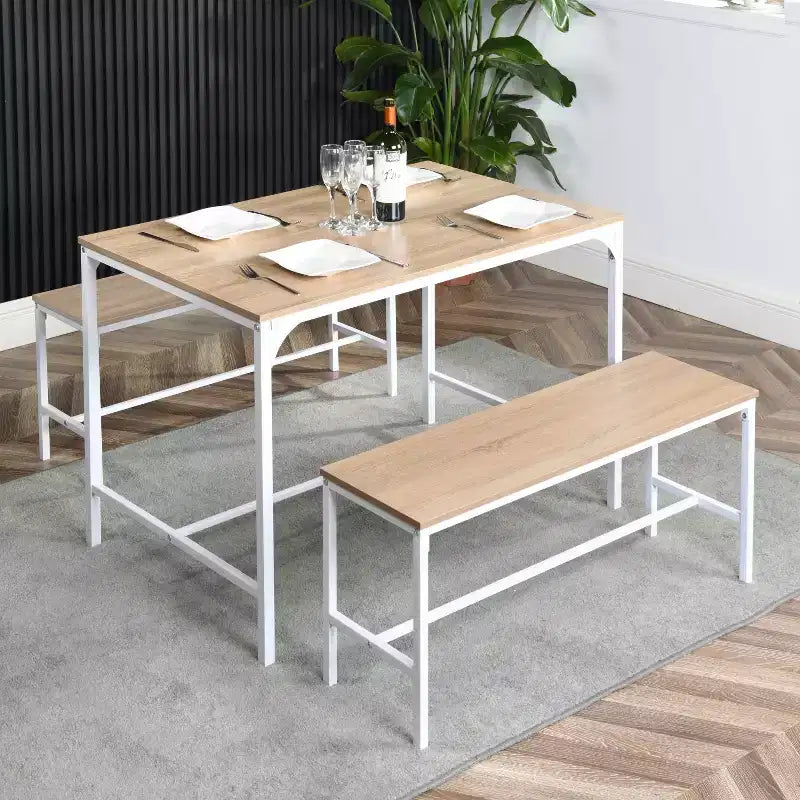 Set tavolo da pranzo FurnitureR 3 pezzi, tavolo da cucina da 110 cm con 2 panche da pranzo per 4 persone, pannello in MDF, tavolo da pranzo per casa, ristorante, faggio bianco