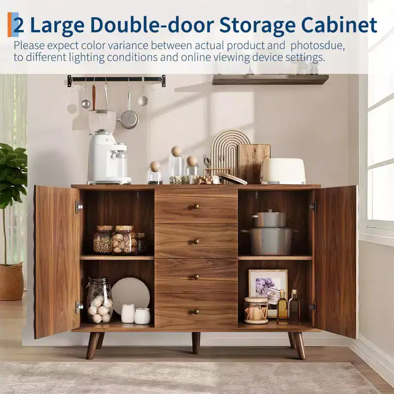 GustoWave 47, mobile buffet in legno massiccio con 2 ante e 4 cassetti, grande credenza con incisione a rombo