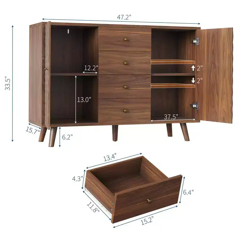 GustoWave 47, mobile buffet in legno massiccio con 2 ante e 4 cassetti, grande credenza con incisione a rombo