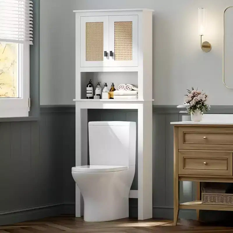 GustoWave Mobiletto da bagno stile rustico con ante in rattan, Organizzatore da bagno indipendente in legno sopra il WC con ripiano regolabile